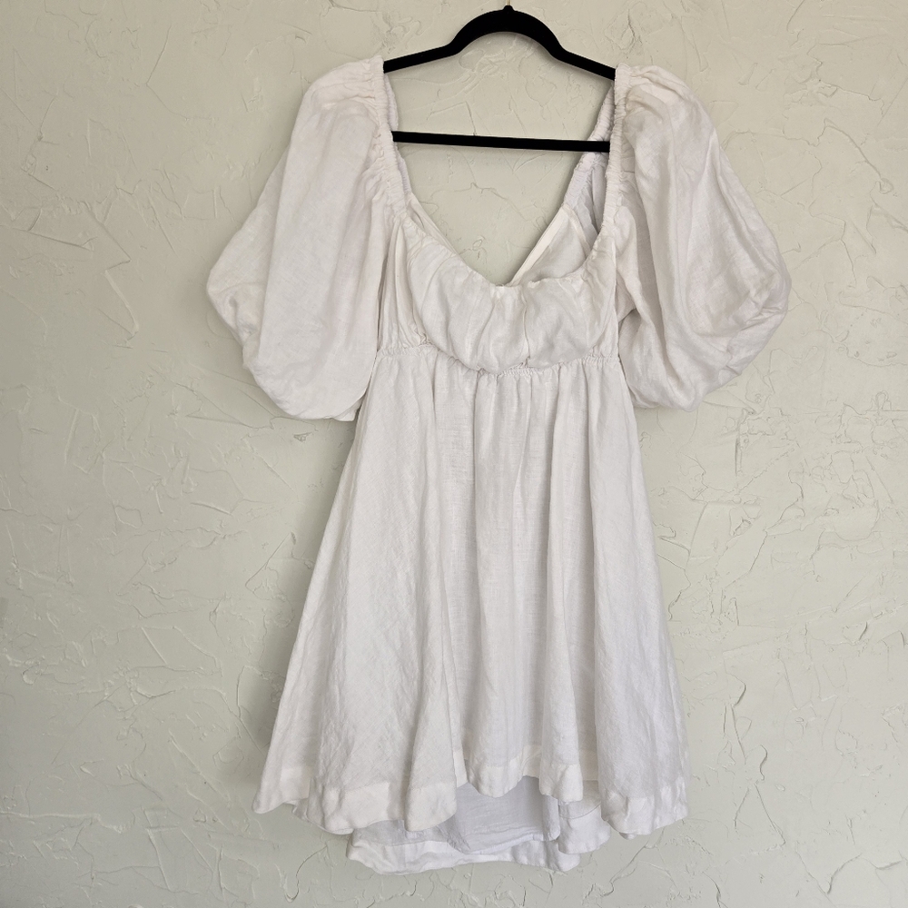 Showpo. Amalie Linen Tie Back Puff Sleeve White Dress, 12 - Picture 6 of 14